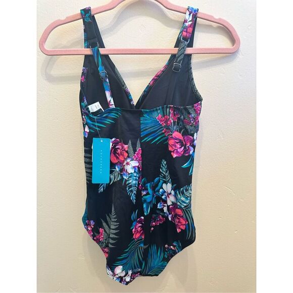 Aqua Green Black Tummy Control Floral One Piece Swimsuit New - Picture 7 of 7